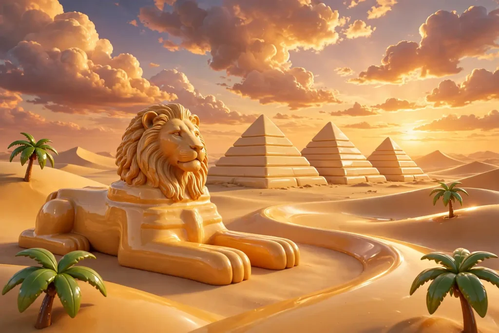 Vibrant 3D render of the Sphinx and pyramids of Giza at golden hour with desert dunes and palm trees