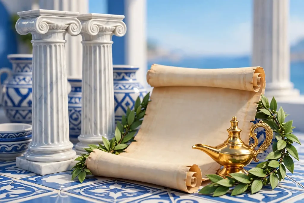 Eye-catching 3D render of Greek marble columns beside a blank papyrus scroll, golden oil lamp and laurel wreath