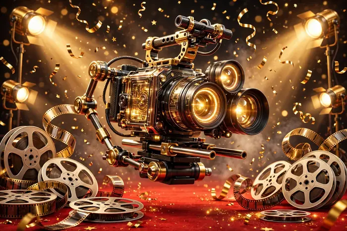 Glossy 3D illustration of a slow-motion red-carpet camera rig with glowing lenses, film reels, and golden spotlights