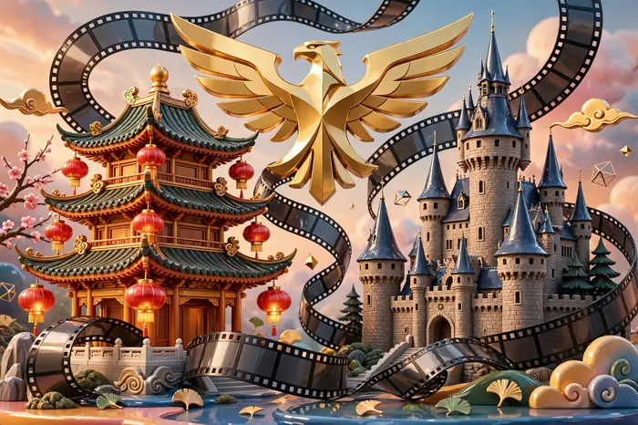 Glossy 3D illustration of Chinese lanterns and pagoda rooftops blended with German castle towers and film strips
