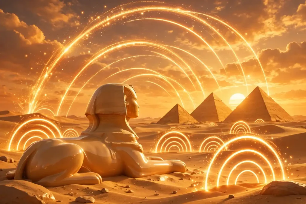 Glossy 3D illustration of the Egyptian sphinx and pyramids at sunset with glowing radio waves