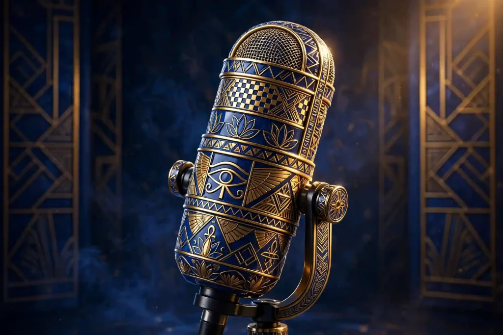 Glossy 3D render of a broadcast microphone with ancient Egyptian-inspired geometric patterns