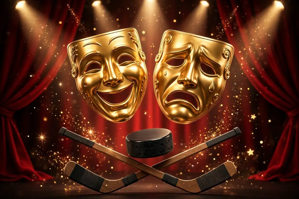 3D render of golden theater masks floating with a hockey puck and crossed sticks