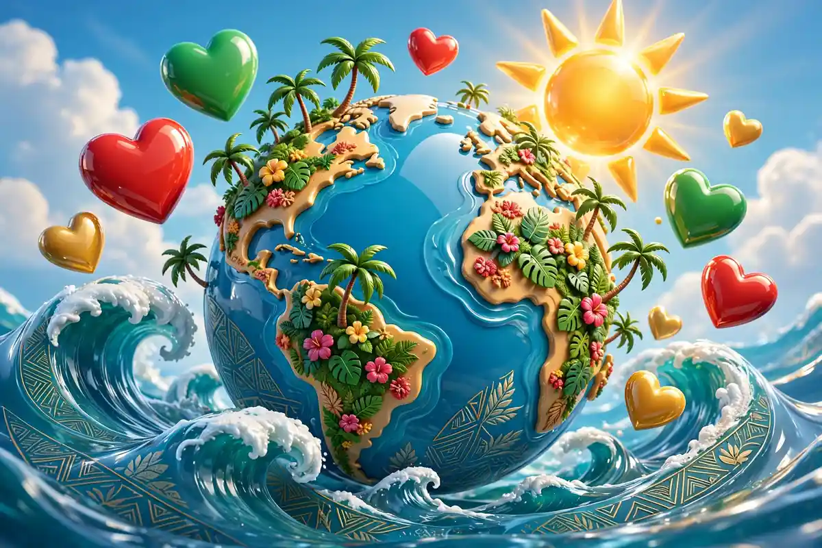 Glossy 3D render of a tropical globe with palm trees, ocean waves, sun, and colorful heart shapes symbolizing multicultural heritage