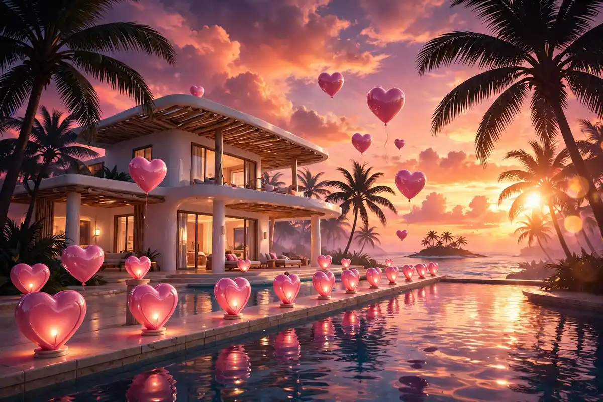 Glossy 3D illustration of a beachfront villa at sunset with glowing heart-shaped lanterns lining the pool and floating heart balloons