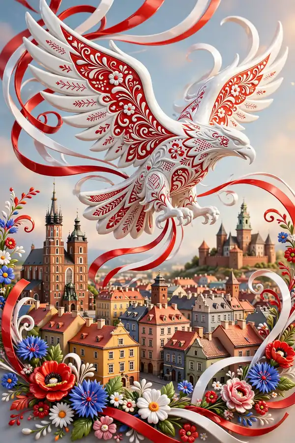 3D illustration of Polish heritage symbols for Curtis Sliwa's Polish father