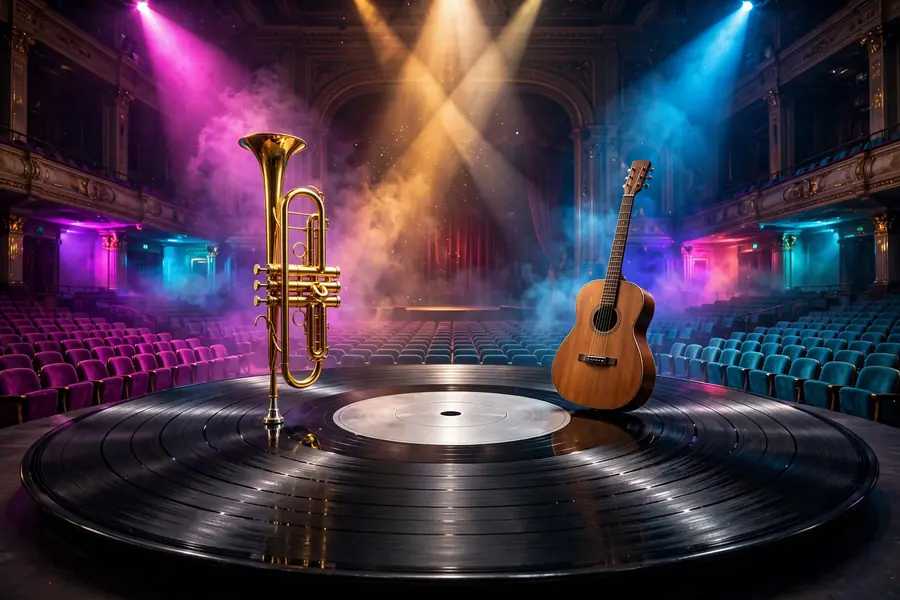 3D render of a golden trumpet and acoustic guitar on a vinyl record in a concert hall