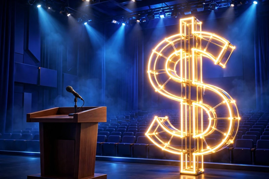 3D illustration of a conference stage with a glowing dollar sculpture, representing the corporate world of Amy Hood