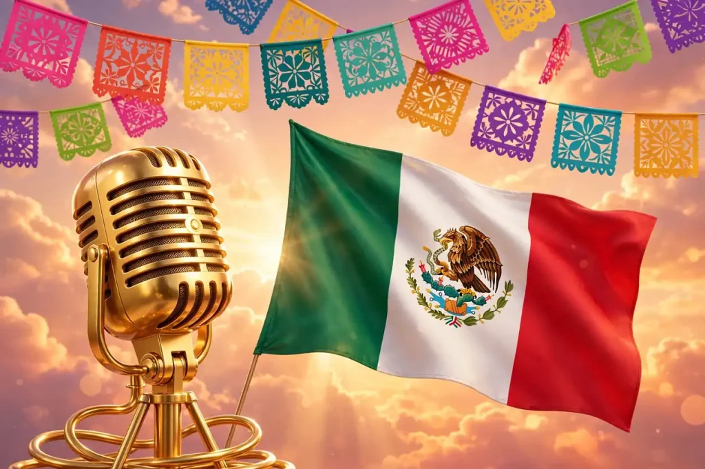 Vibrant 3D illustration of a golden vintage microphone beside a waving Mexican flag and papel picado banners in a warm sunset sky