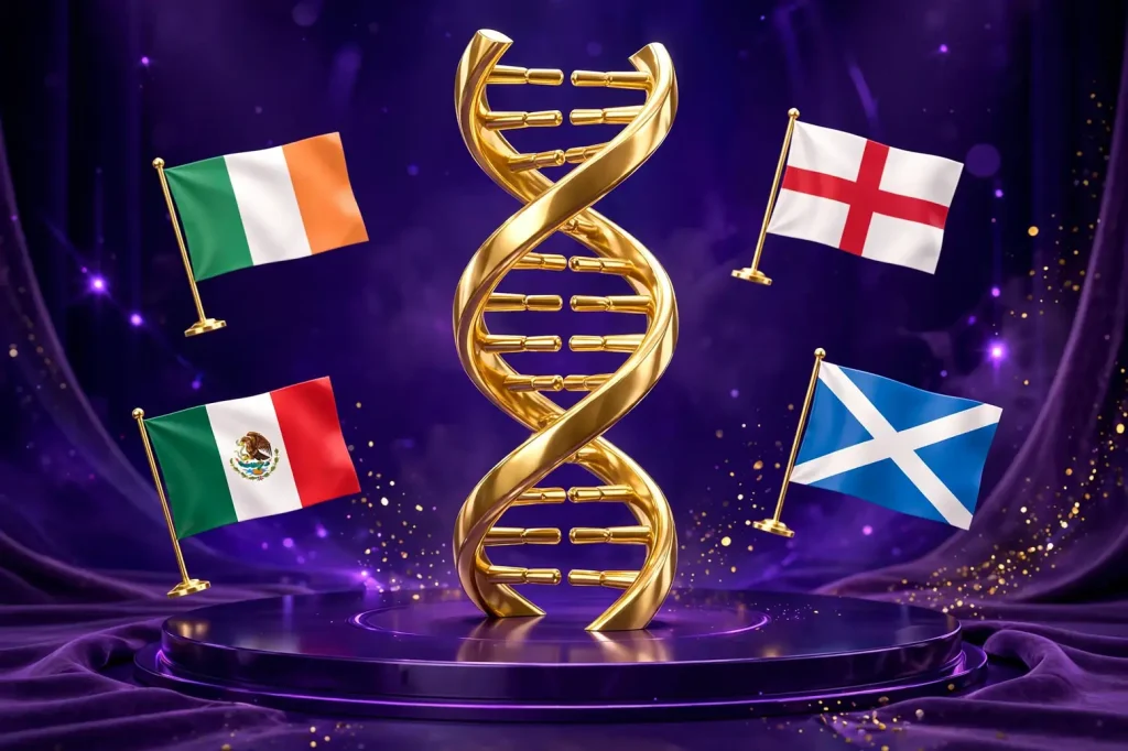 Eye-catching 3D render of a shiny golden DNA double helix with small floating flags of Mexico, Ireland, England and Scotland