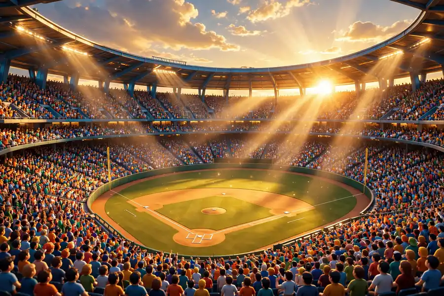 3D render of a championship baseball stadium at golden hour for the Derek Jeter and Tiger Woods friendship story