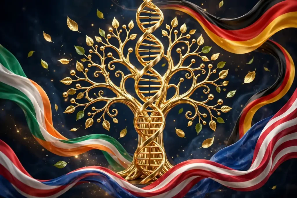 Glossy 3D render of a golden family tree with floating leaves, DNA helix, and Irish, German, and American flag ribbons symbolizing Derek Jeter's African-American, German, and Irish roots