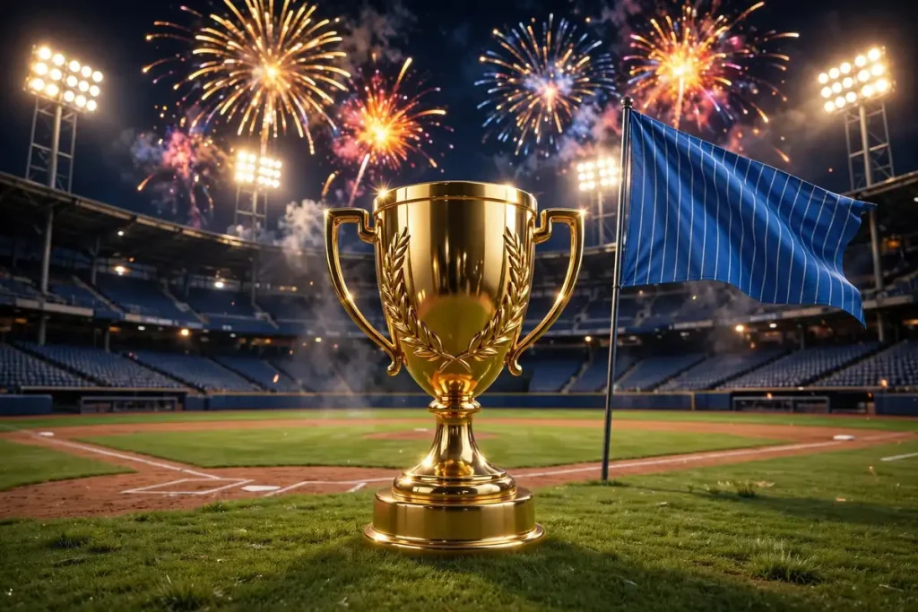 Glossy 3D render of a gleaming golden trophy on a baseball field with floodlights, fireworks, and a waving blue pennant, celebrating Derek Jeter's Yankees career