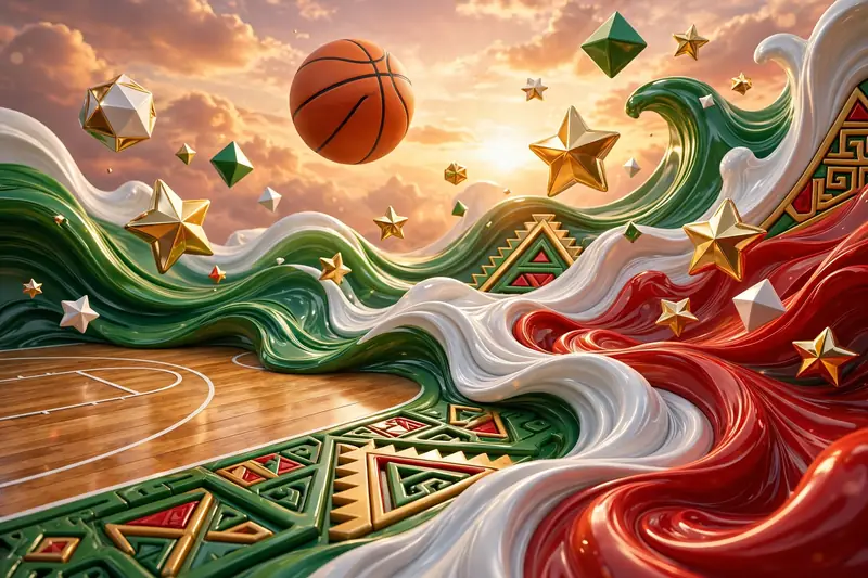 Glossy 3D render of a basketball court dissolving into green, white and red waves with golden stars and Aztec-style geometric patterns