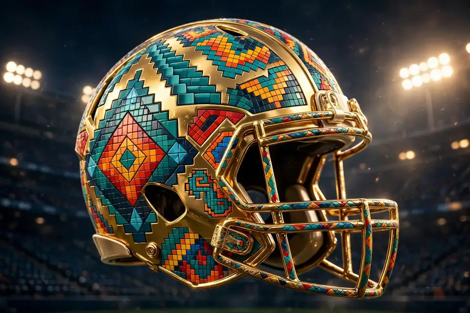 Golden 3D football helmet with vivid Hispanic Aztec-style geometric patterns under night stadium lights, symbolizing Diego Pavia's football career