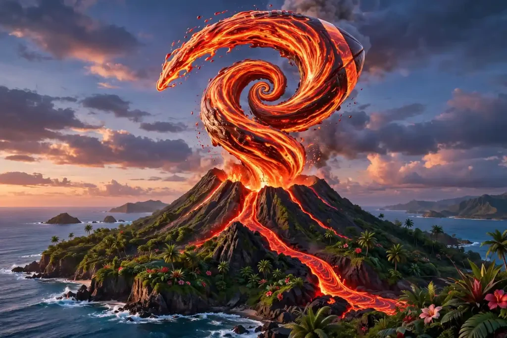 Glossy 3D illustration of a Hawaiian volcano with lava swirling into a football spiral at dusk