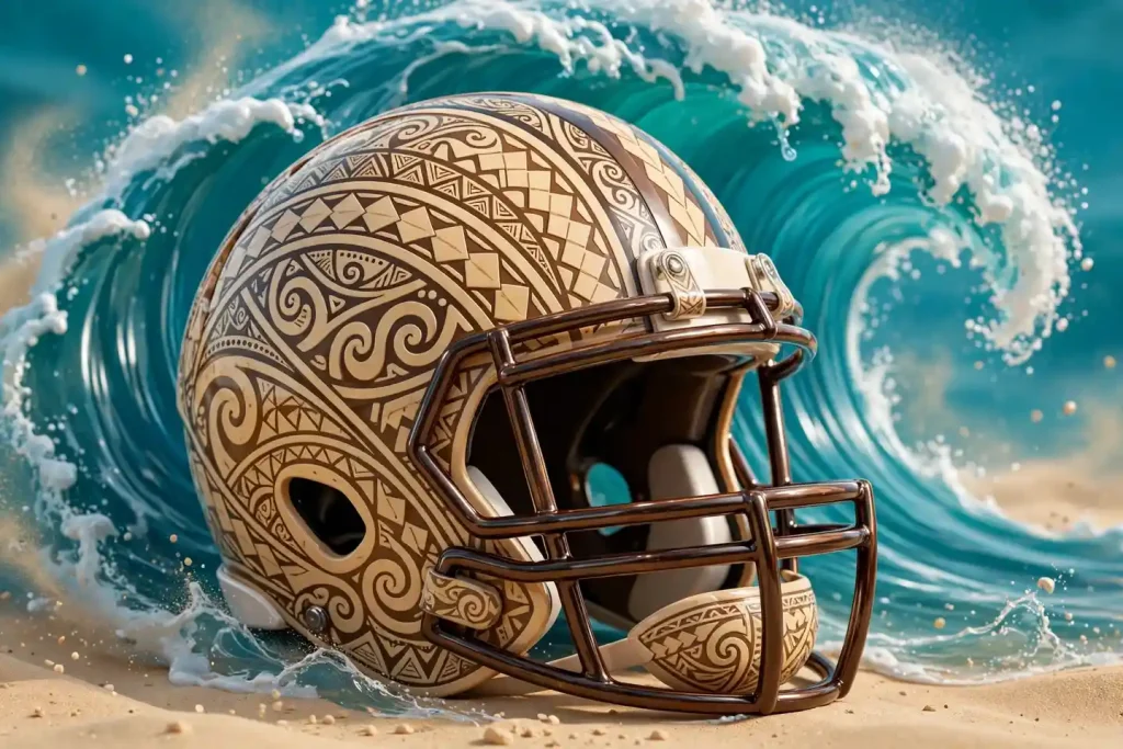 Glossy 3D render of a football helmet with Polynesian tribal patterns and an ocean wave