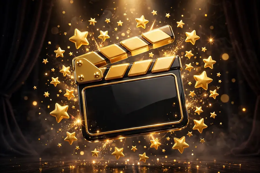 Glossy 3D render of a film clapperboard with stars, symbolizing Dior Goodjohn's acting career