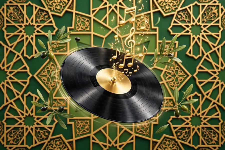 Glossy 3D illustration of a spinning vinyl record with olive branches and Middle Eastern geometric patterns representing DJ Khaled's roots