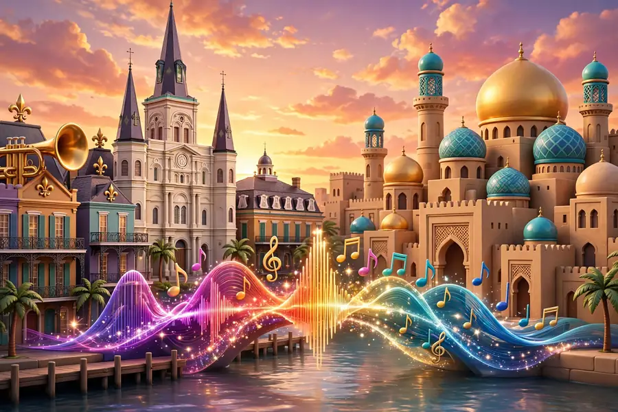 Glossy 3D illustration of two skylines connected by sound waves, symbolizing DJ Khaled's New Orleans upbringing and Palestinian heritage