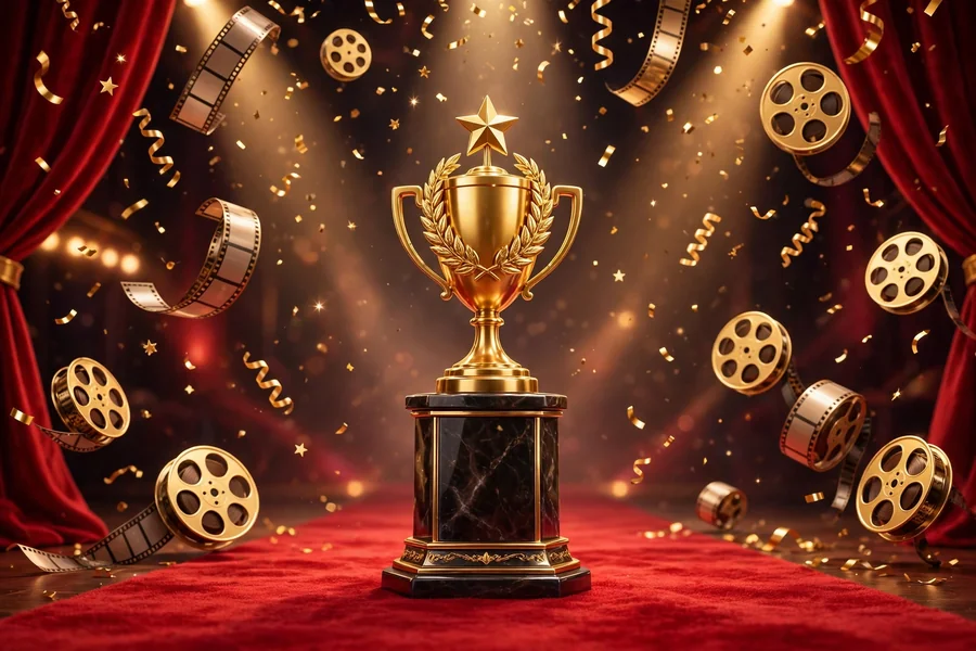 3D golden award statue on a red carpet with film reels, representing Emma Stone's Oscar-winning Hollywood career