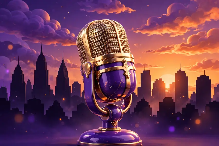 Glossy 3D render of a vintage microphone with the Toronto skyline silhouette in vibrant 3D