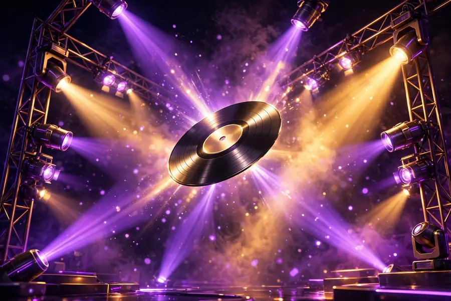 Glossy 3D render of stage lights with a vinyl record, symbolizing Drake's music career