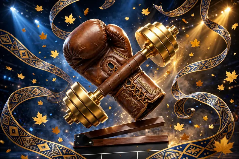 Glossy 3D illustration of a wrestling glove and dumbbell crossed over a film clapperboard with maple-leaf confetti and Samoan-pattern ribbons in arena spotlights