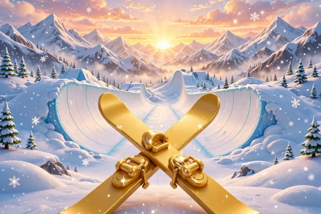 Vibrant 3D illustration of golden skis crossing before a snow-covered Olympic halfpipe at sunrise with floating snowflakes