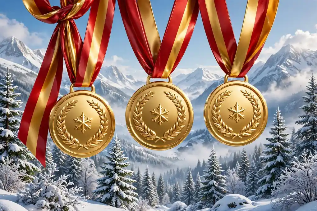 Eye-catching 3D render of three gleaming Olympic gold medals with red and gold ribbons above snow-dusted pine trees