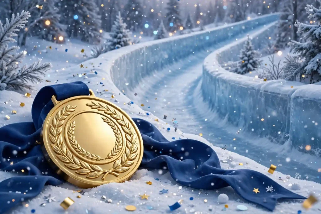 3D illustration of a shiny gold medal with a deep blue ribbon resting on snow beside an ice bobsled track with sparkling confetti.