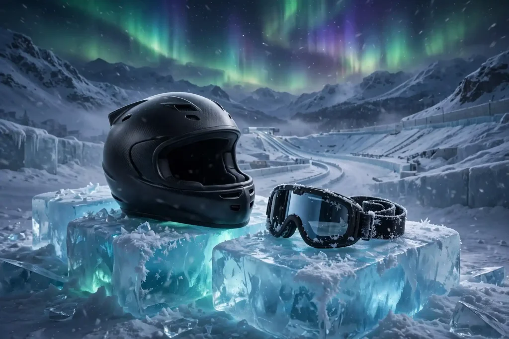 3D illustration of a black bobsled helmet and goggles resting on glowing ice blocks under aurora borealis over a snowy mountain arena.