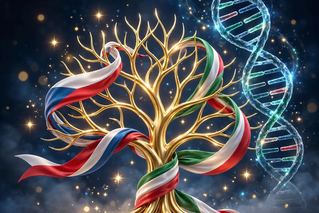 3D illustration of a golden family tree wrapped in Czech white-red-blue and Italian green-white-red ribbons with floating stars and a DNA helix
