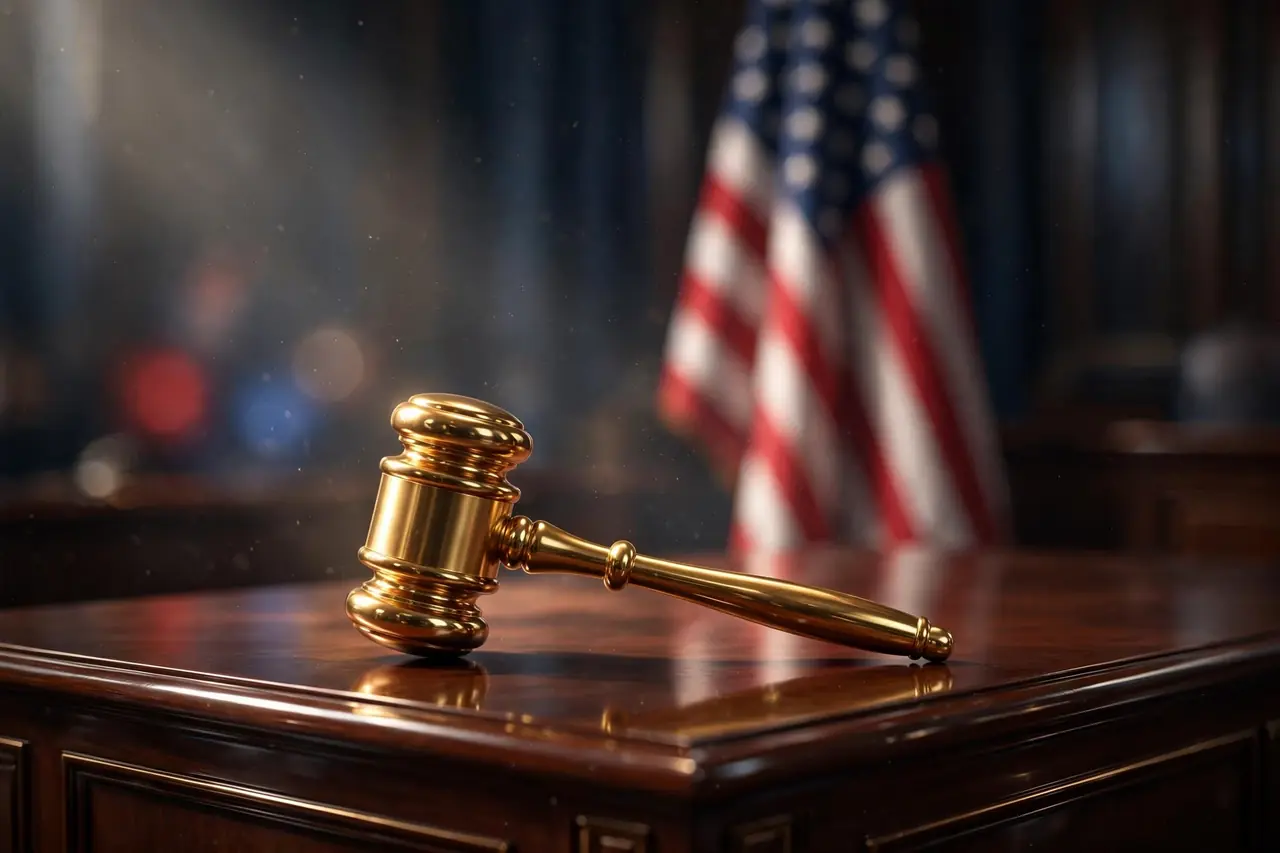 Glossy 3D render of a golden gavel on a polished congressional desk with a softly blurred American flag behind