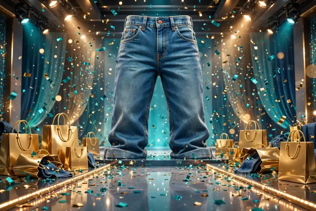 Vibrant 3D render of a sparkling fashion runway with a giant denim jeans sculpture, golden shopping bags, and confetti, celebrating Emma Grede's inclusive denim brand
