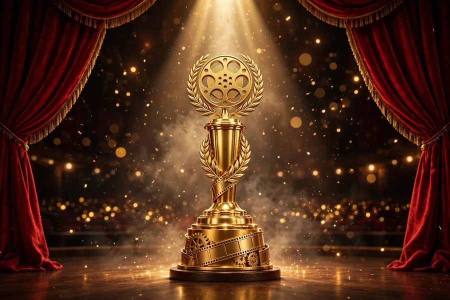 3D render of a golden film award statue under a dramatic spotlight