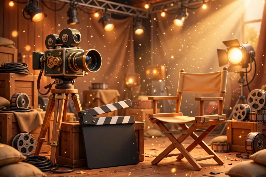 3D render of a vintage movie camera on a film set with cinematic lighting