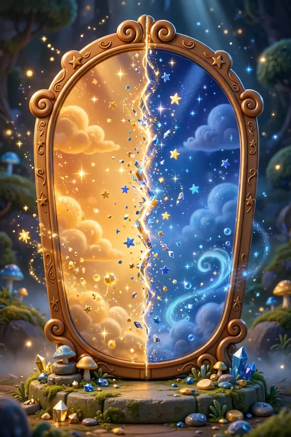 3D illustration of a cracked magical mirror in gold and blue, symbolizing the public rift between Emma Watson and J.K. Rowling