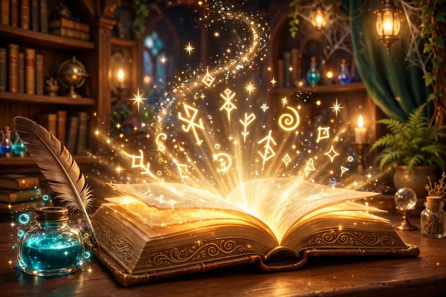 3D vintage quill and glowing open book in an enchanted library, representing J.K. Rowling's writing and the Harry Potter world