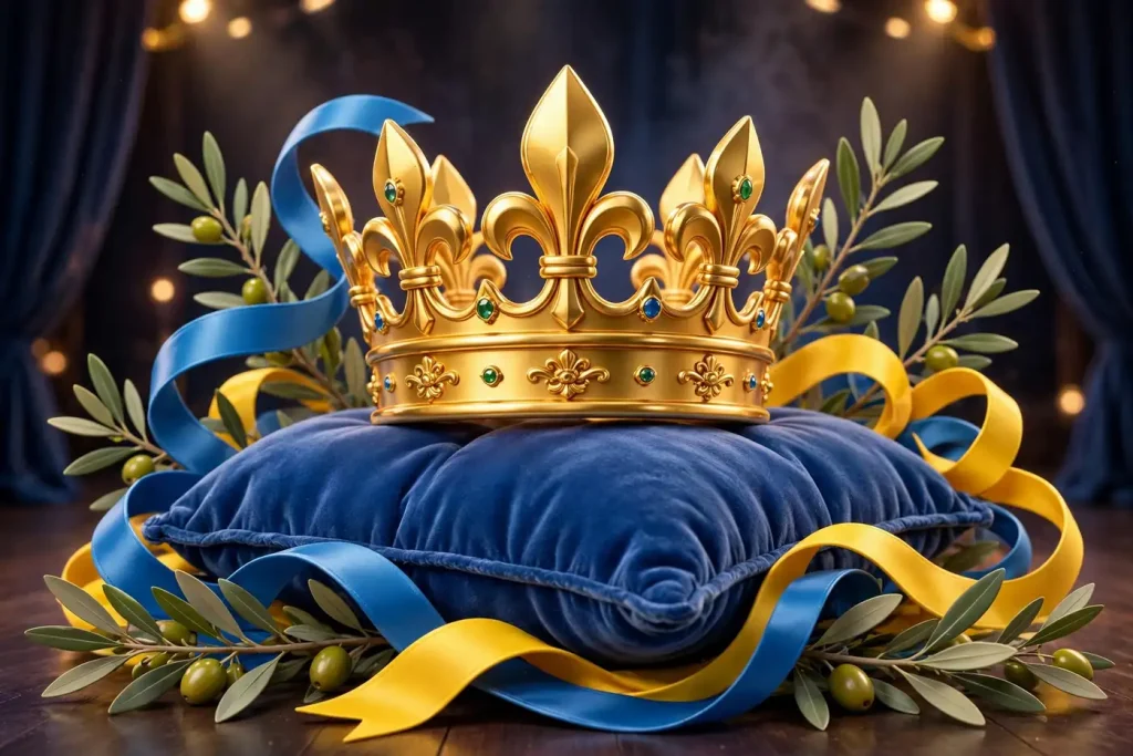 Vibrant 3D illustration of a golden crown on a velvet cushion with Swedish blue and yellow ribbons and Mediterranean olive branches