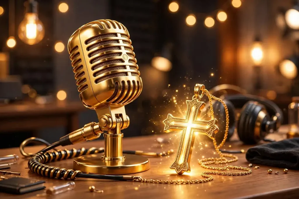 Eye-catching 3D render of a golden vintage podcast microphone on a desk with warm studio lights and a glowing cross pendant
