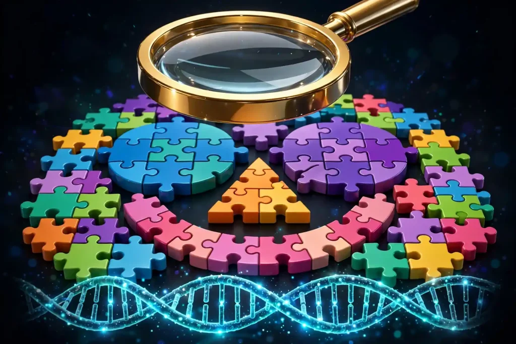 3D magnifying glass over colorful abstract face-mosaic puzzle pieces with a glowing DNA strand, illustrating facial ethnicity analysis