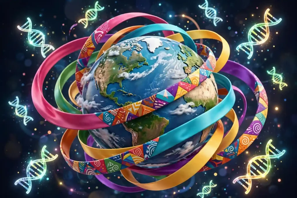 Colorful 3D Earth globe wrapped in multicultural ribbons with floating DNA icons, symbolizing global ancestry diversity