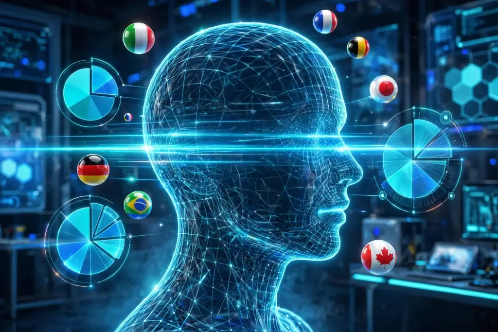 Vibrant 3D illustration of a faceless wireframe head silhouette with scanning laser lines, floating flag-colored orbs and percentage charts on a futuristic blue tech background