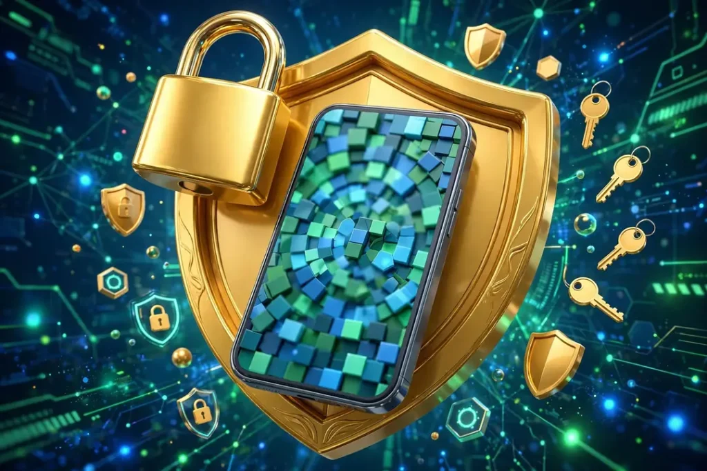 Eye-catching 3D render of a golden padlock and shield protecting a smartphone with an abstract face mosaic, floating privacy icons on a secure blue background