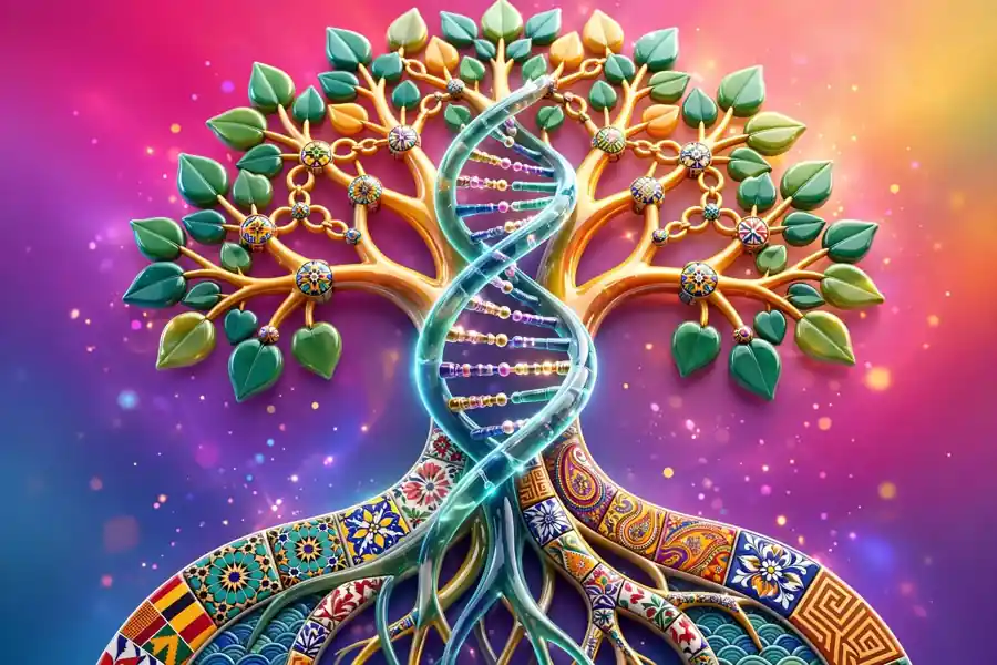 Glossy 3D family tree merging with a glowing DNA helix decorated with cultural pattern tiles, representing ethnic heritage.