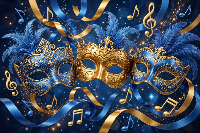 Vibrant 3D illustration of opera masks and musical notes with floating blue and gold ribbons symbolizing Ezra Miller's artistic upbringing and heritage