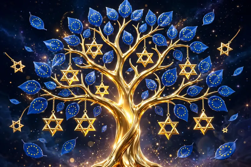 Eye-catching 3D render of a glowing family tree with Star of David and European flag-inspired leaves, representing Ezra Miller's Jewish and German-Dutch roots