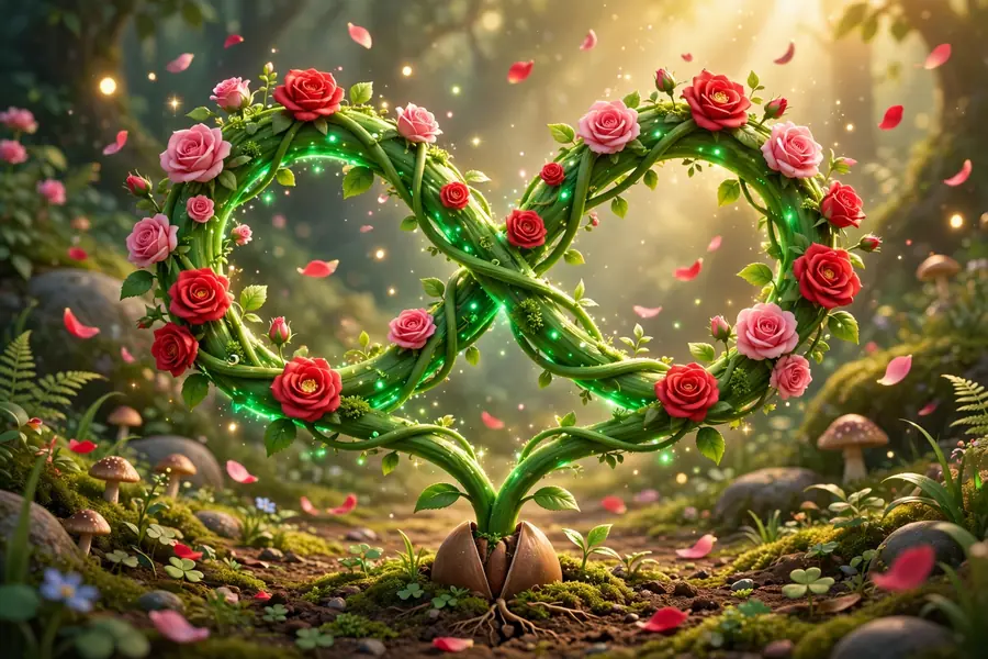 3D intertwined vines forming an infinity loop blooming with roses, symbolizing falling in love again and again