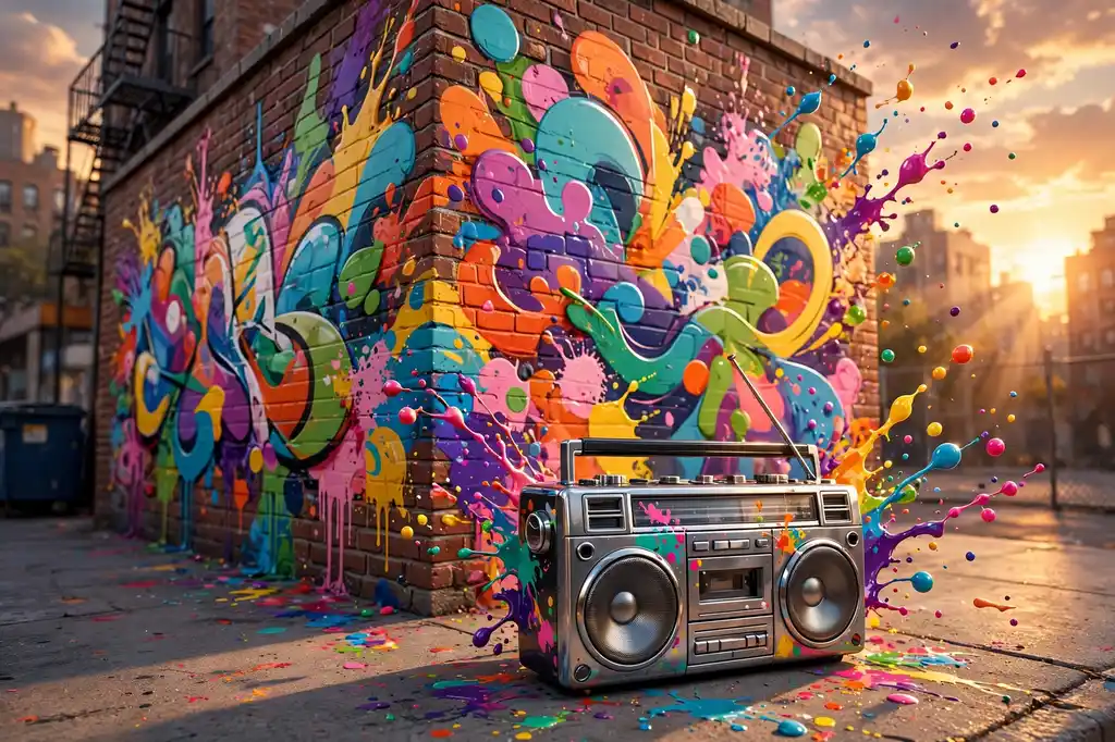 3D render of a Bronx street wall with colorful abstract graffiti and a shiny boombox